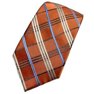 MICHAEL KORS 100% Silk Necktie Orange w/Blue/Brown/Tan Stripes
